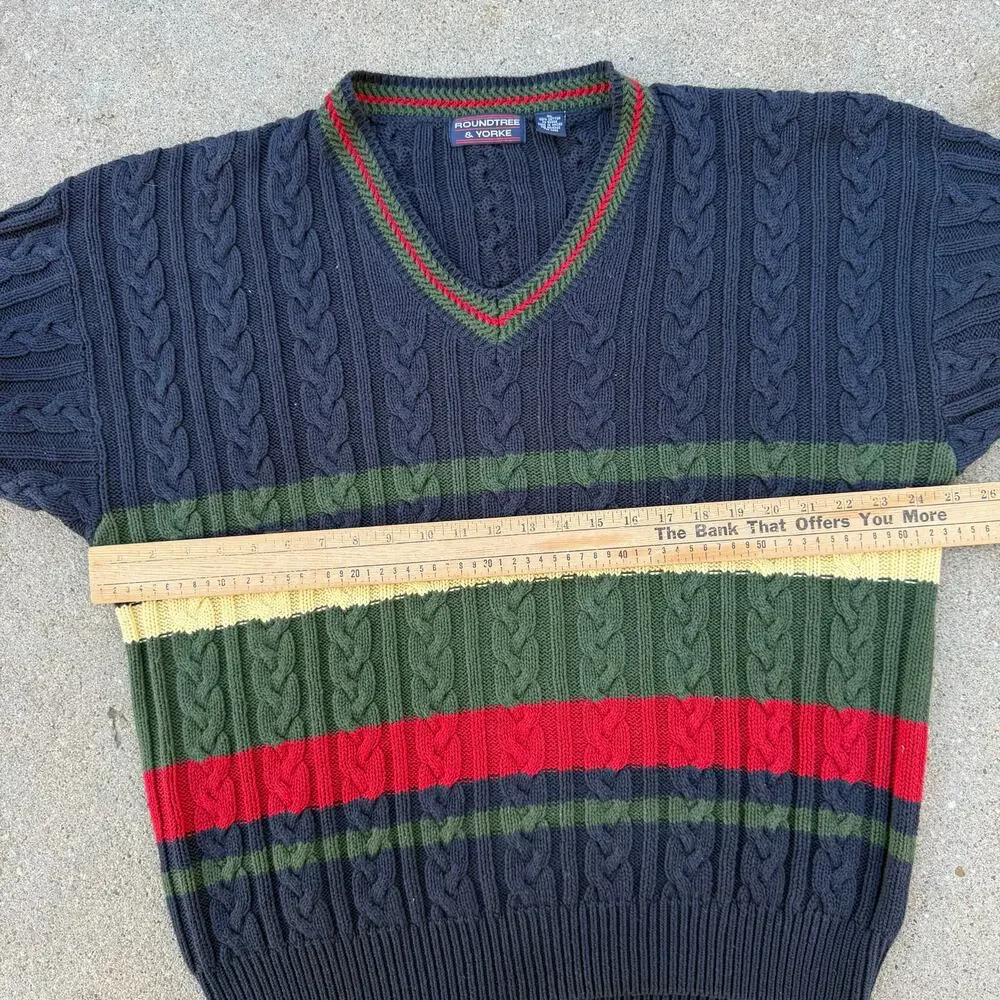 Vintage 90s Roundtree and York Dark Primary Color Stripe Fisherman Sweater XL
